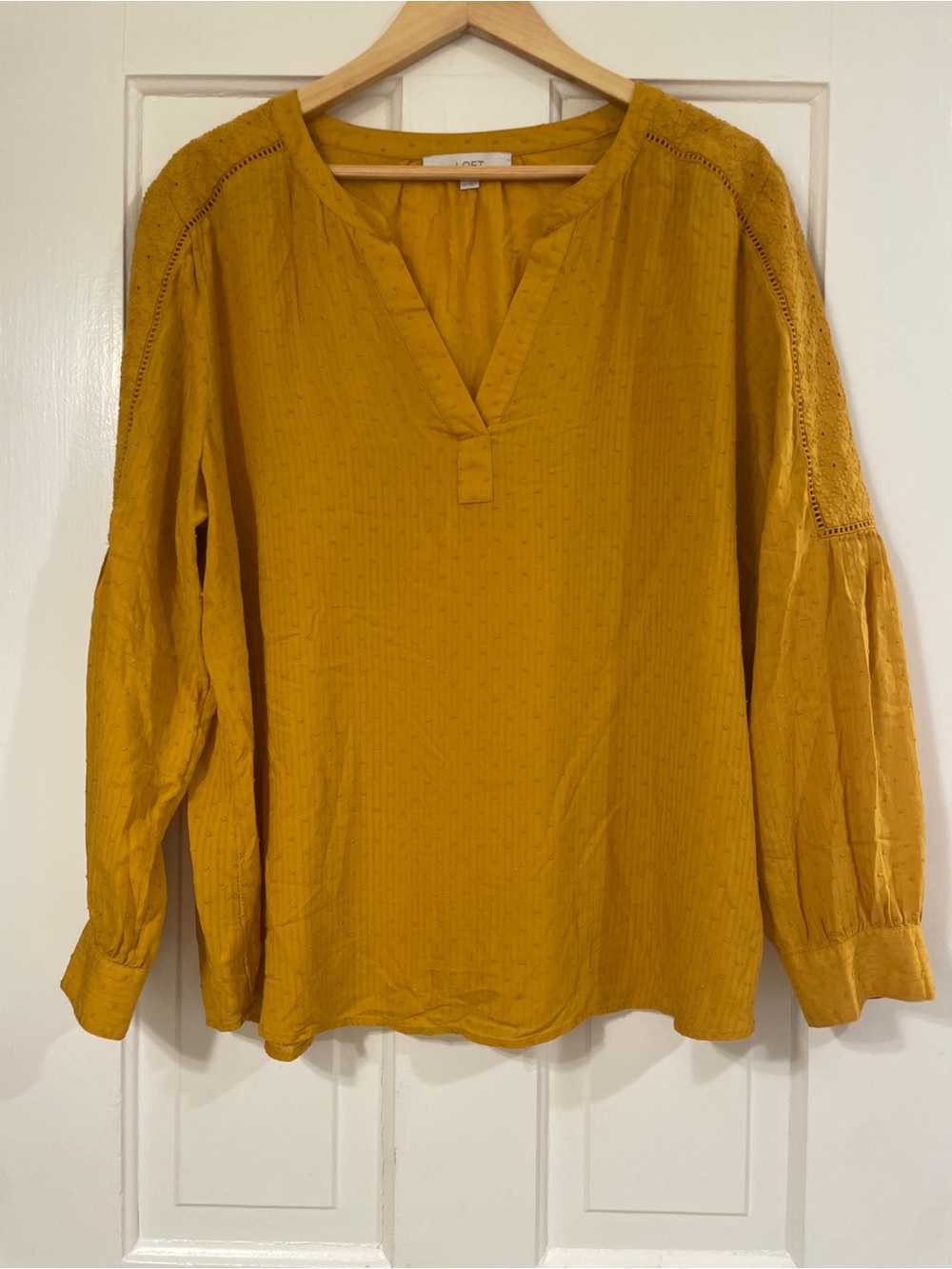 LOFT Mustard Yellow Swiss Dot Embroidered V-Neck Boho Blouse Size XXL